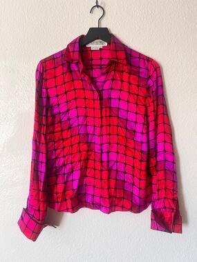 VTG Starington Silk Button Front Geometric 80s 90s Bold Print Shirt Women Size 6
